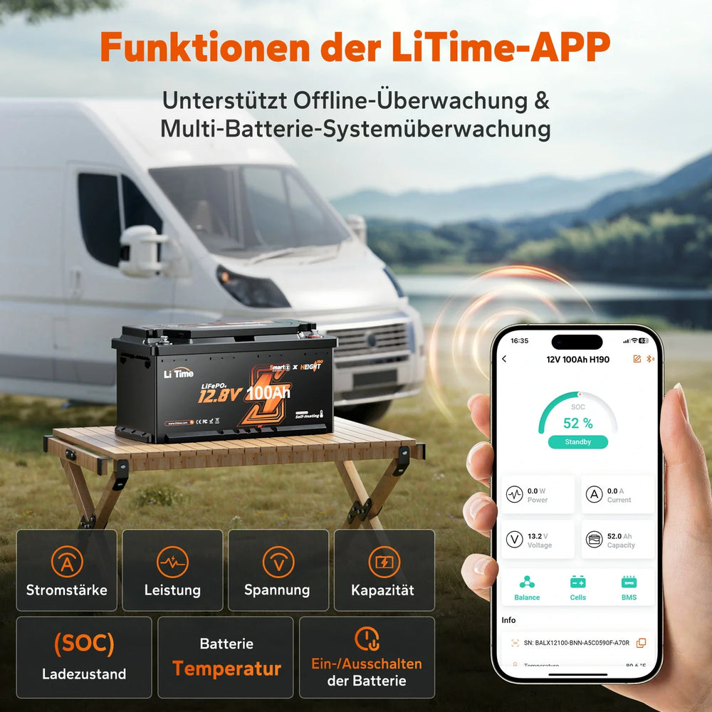 Application mobile LiTime connectée en Bluetooth pour contrôler l'état de charge (SOC) d'une batterie lithium 12V 100Ah de camping-car.