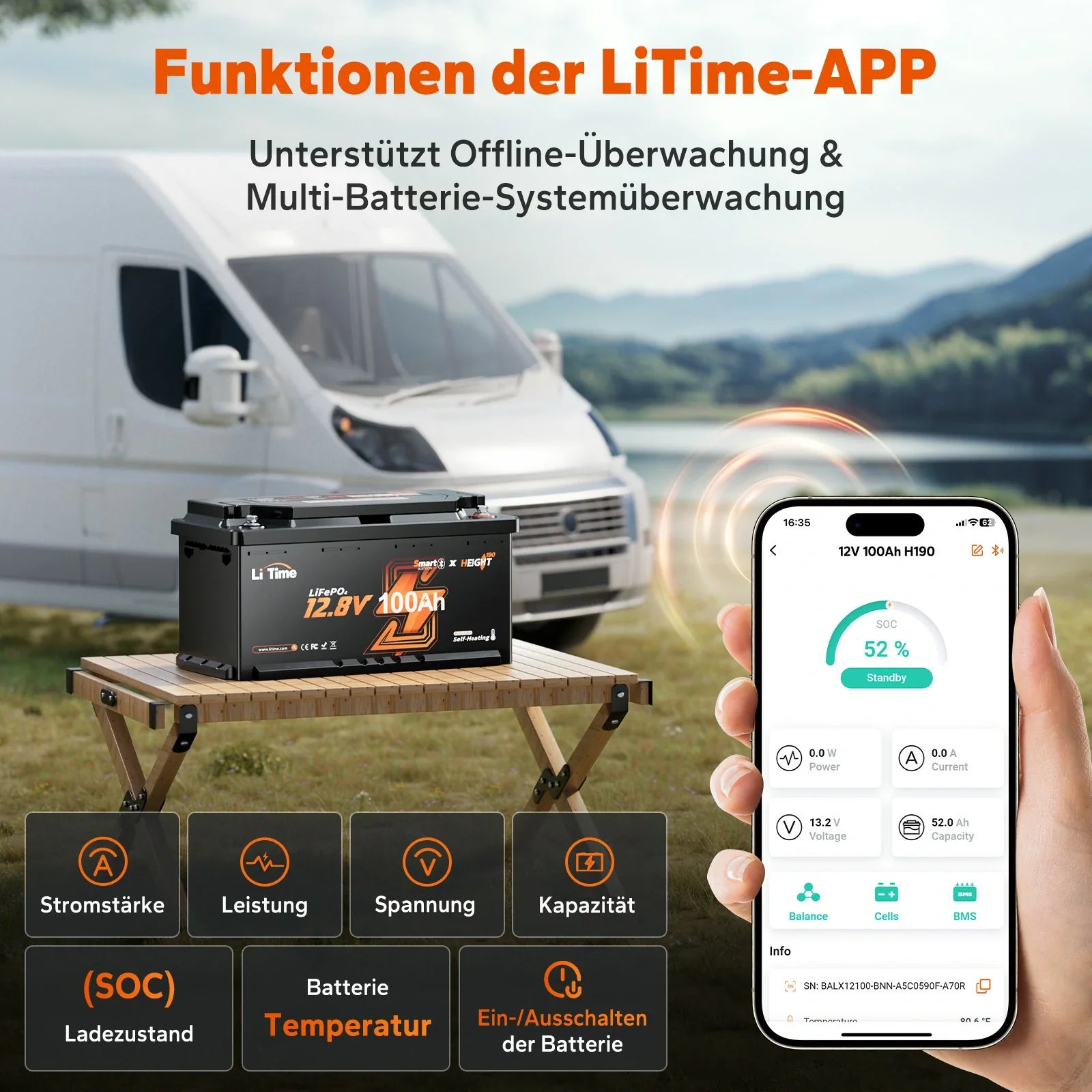 Application mobile LiTime connectée en Bluetooth pour contrôler l'état de charge (SOC) d'une batterie lithium 12V 100Ah de camping-car.