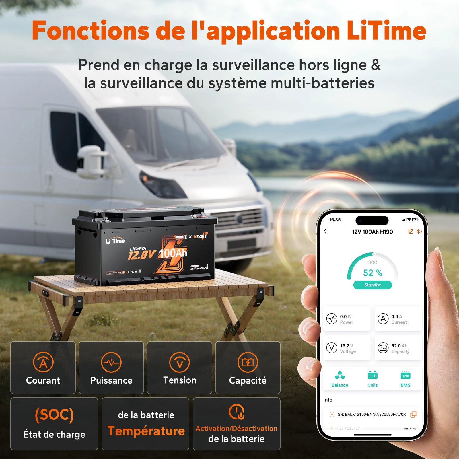 Application mobile LiTime connectée en Bluetooth pour contrôler l'état de charge (SOC) d'une batterie lithium 12V 100Ah de camping-car.