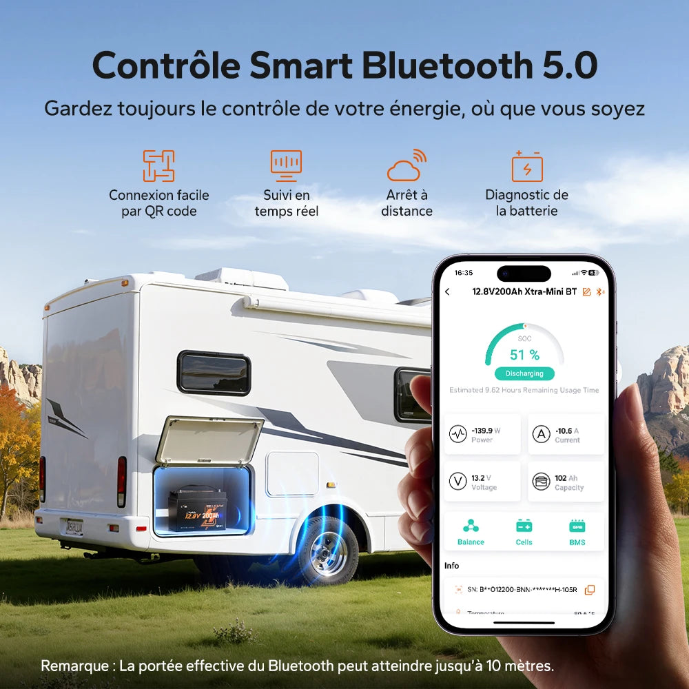 Batterie LiFePO4 LiTime 12V 200Ah Xtra-Mini avec Bluetooth pour camping-cars et camping | Cellules haut de gamme, 6000+ cycles à 100 % de DOD