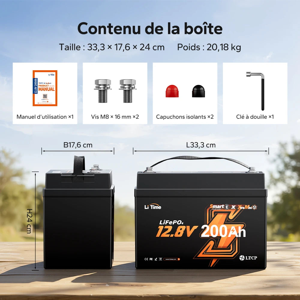 Batterie LiFePO4 LiTime 12V 200Ah Xtra-Mini avec Bluetooth pour camping-cars et camping | Cellules haut de gamme, 6000+ cycles à 100 % de DOD
