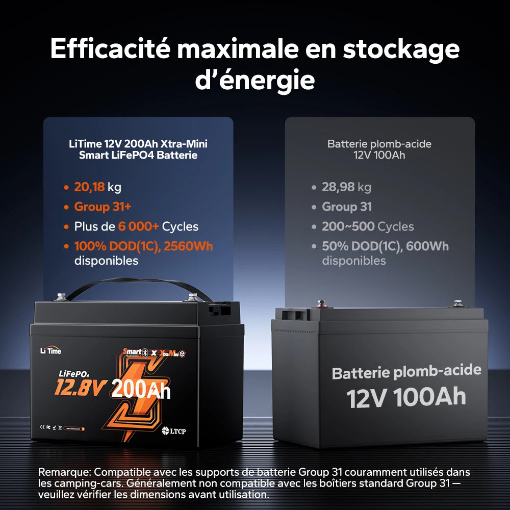 Batterie LiFePO4 LiTime 12V 200Ah Xtra-Mini avec Bluetooth pour camping-cars et camping | Cellules haut de gamme, 6000+ cycles à 100 % de DOD