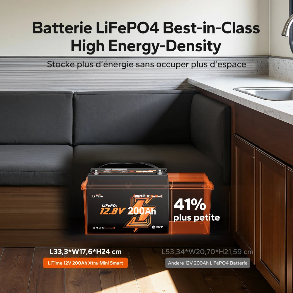Batterie LiFePO4 LiTime 12V 200Ah Xtra-Mini avec Bluetooth pour camping-cars et camping | Cellules haut de gamme, 6000+ cycles à 100 % de DOD
