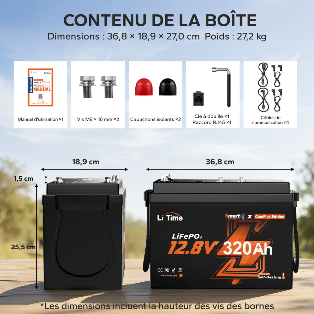 Batterie LiTime 12V 320Ah Mini ComFlex avec dimensions compactes et accessoires de communication inclus.