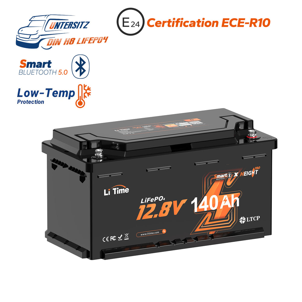 Batterie lithium LiFePO4 LiTime 12V 140Ah au format DIN H8, certifiée ECE-R10 pour installation sous siège de camping-car Fiat Ducato
