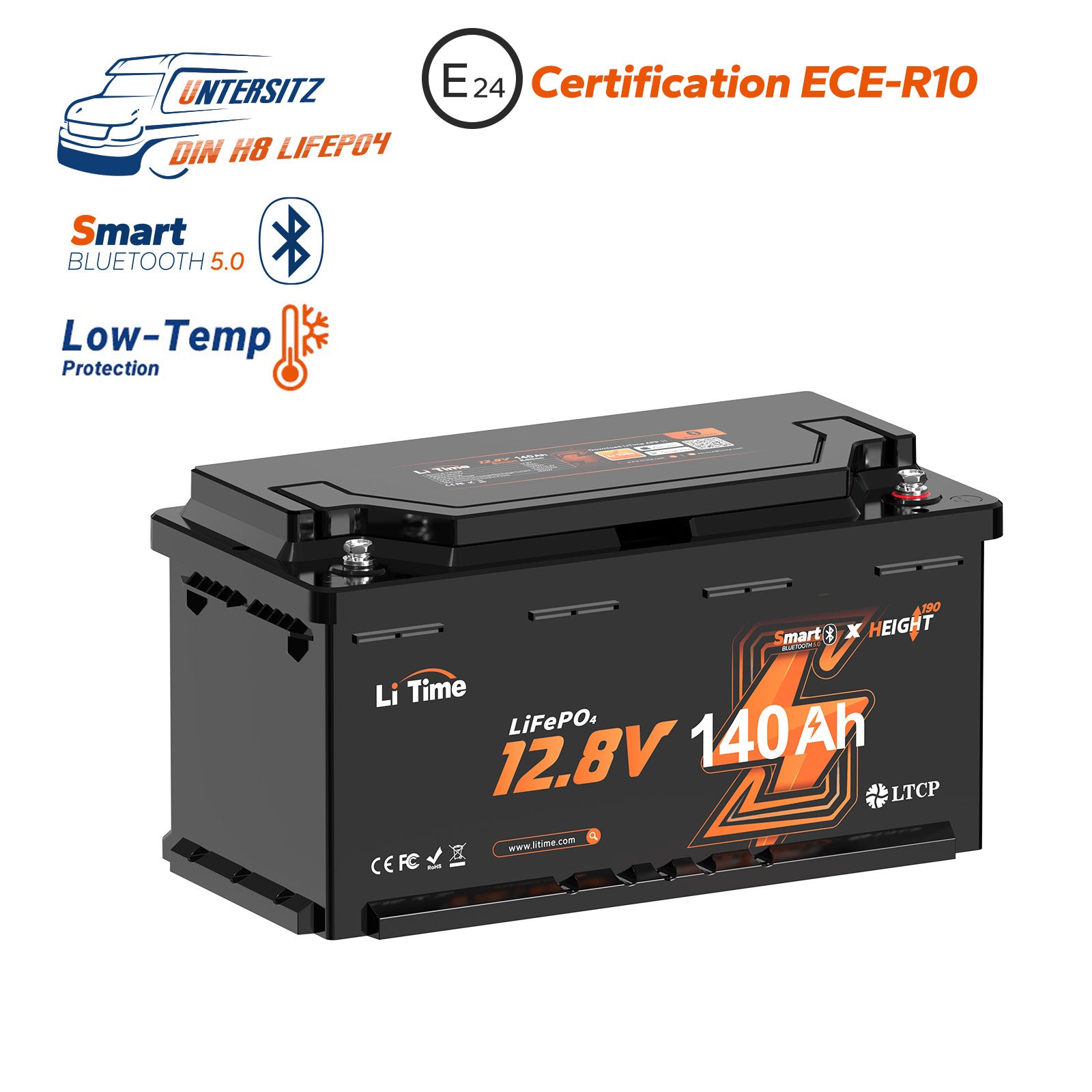 Batterie lithium LiFePO4 LiTime 12V 140Ah au format DIN H8, certifiée ECE-R10 pour installation sous siège de camping-car Fiat Ducato