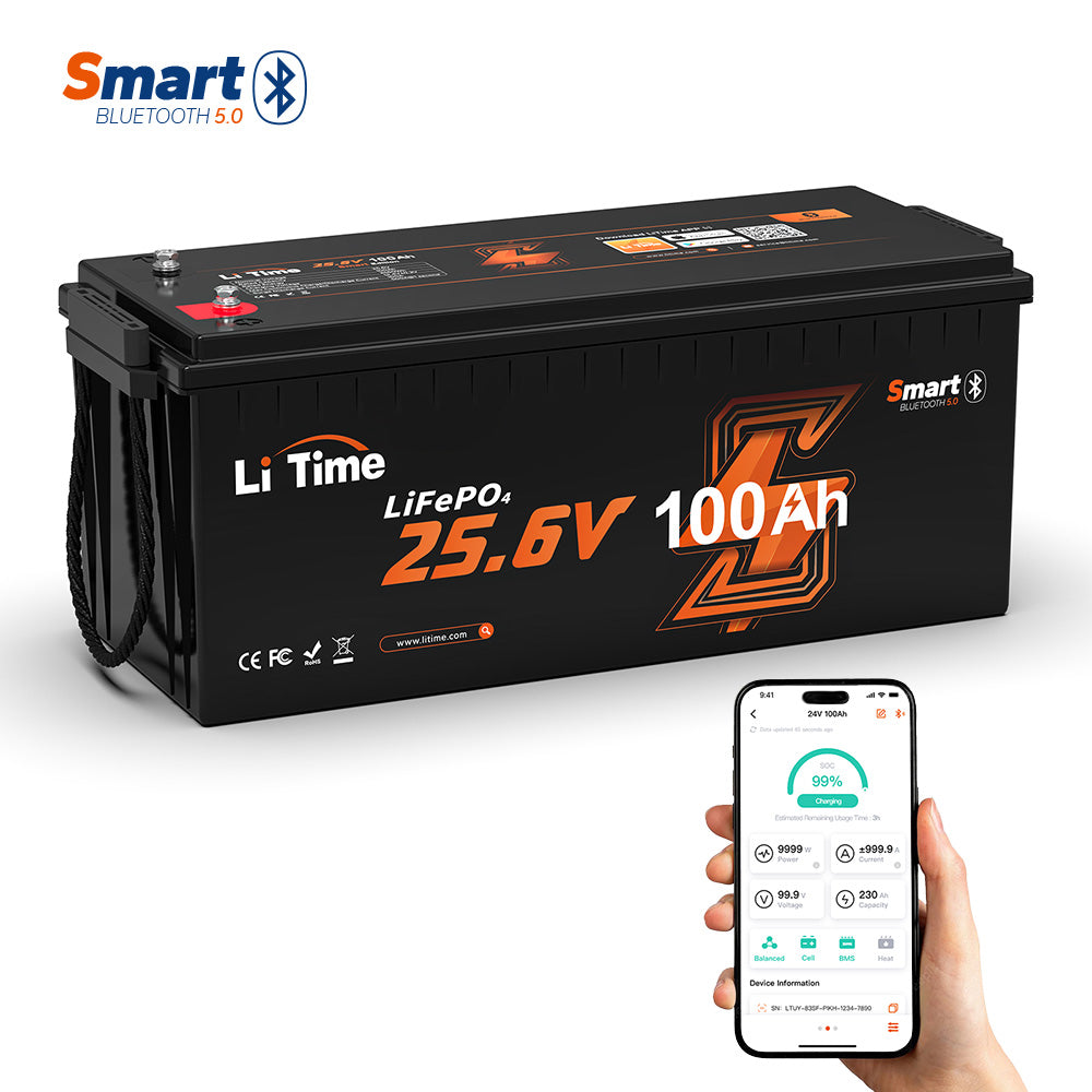 Batterie lithium LiFePO4 24V 100Ah LiTime avec Bluetooth intégré et application de surveillance en temps réel sur smartphone.