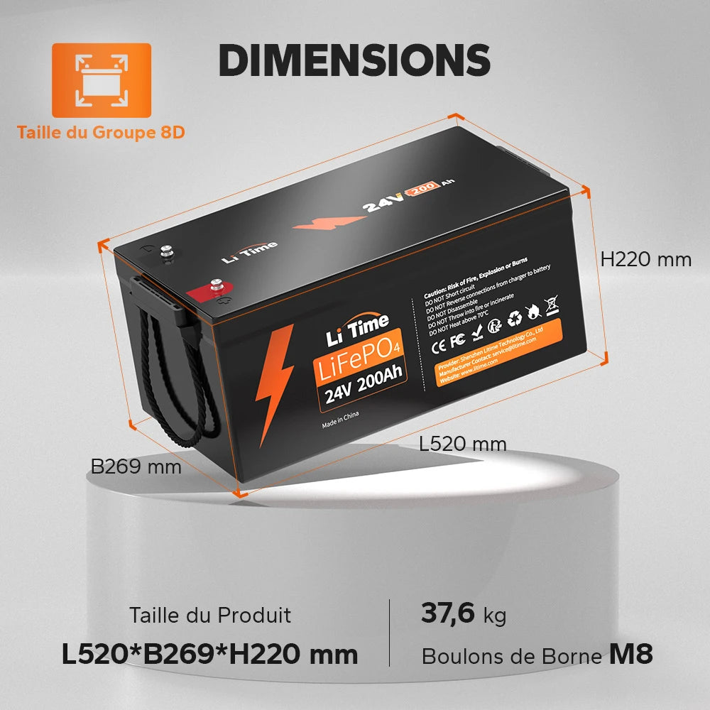 Dimensions et caractéristiques techniques de la batterie LiTime LiFePO4 24V 200Ah : format groupe 8D, idéale pour camping-car et solaire