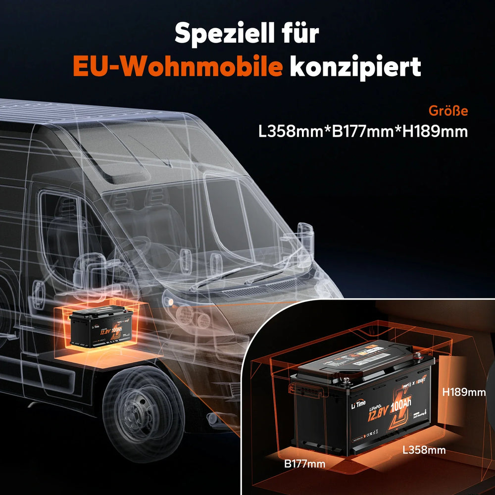 Dimensions de la batterie lithium LiTime 12V 100Ah (358x177x189 mm) conçue pour s'installer sous le siège d'un camping-car européen