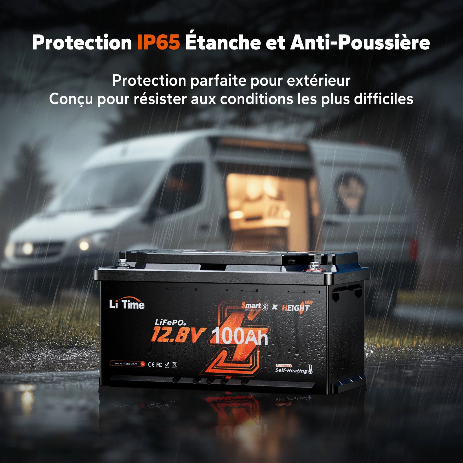 Batterie lithium LiTime 12V 100Ah étanche IP65 sous la pluie, idéale pour l'alimentation extérieure d'un van ou d'un bateau