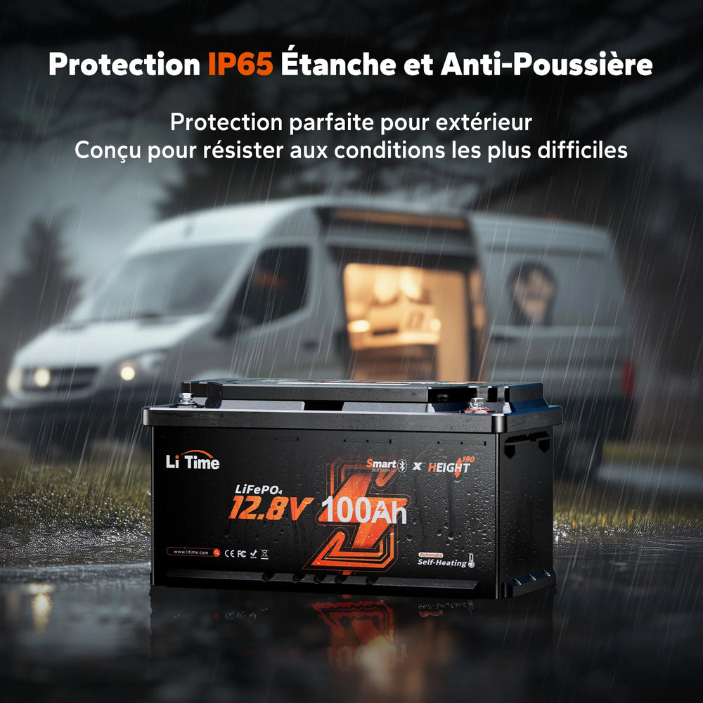Batterie lithium LiTime 12V 100Ah étanche IP65 sous la pluie, idéale pour l'alimentation extérieure d'un van ou d'un bateau