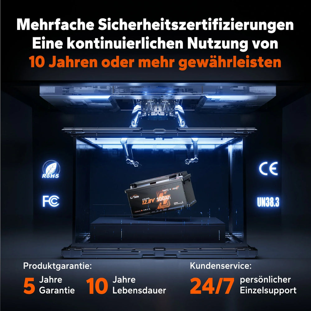 Batterie lithium LiTime 12V 100Ah certifiée CE et RoHS pour camping-car, offrant une garantie de 5 ans et une durée de vie de 10 ans