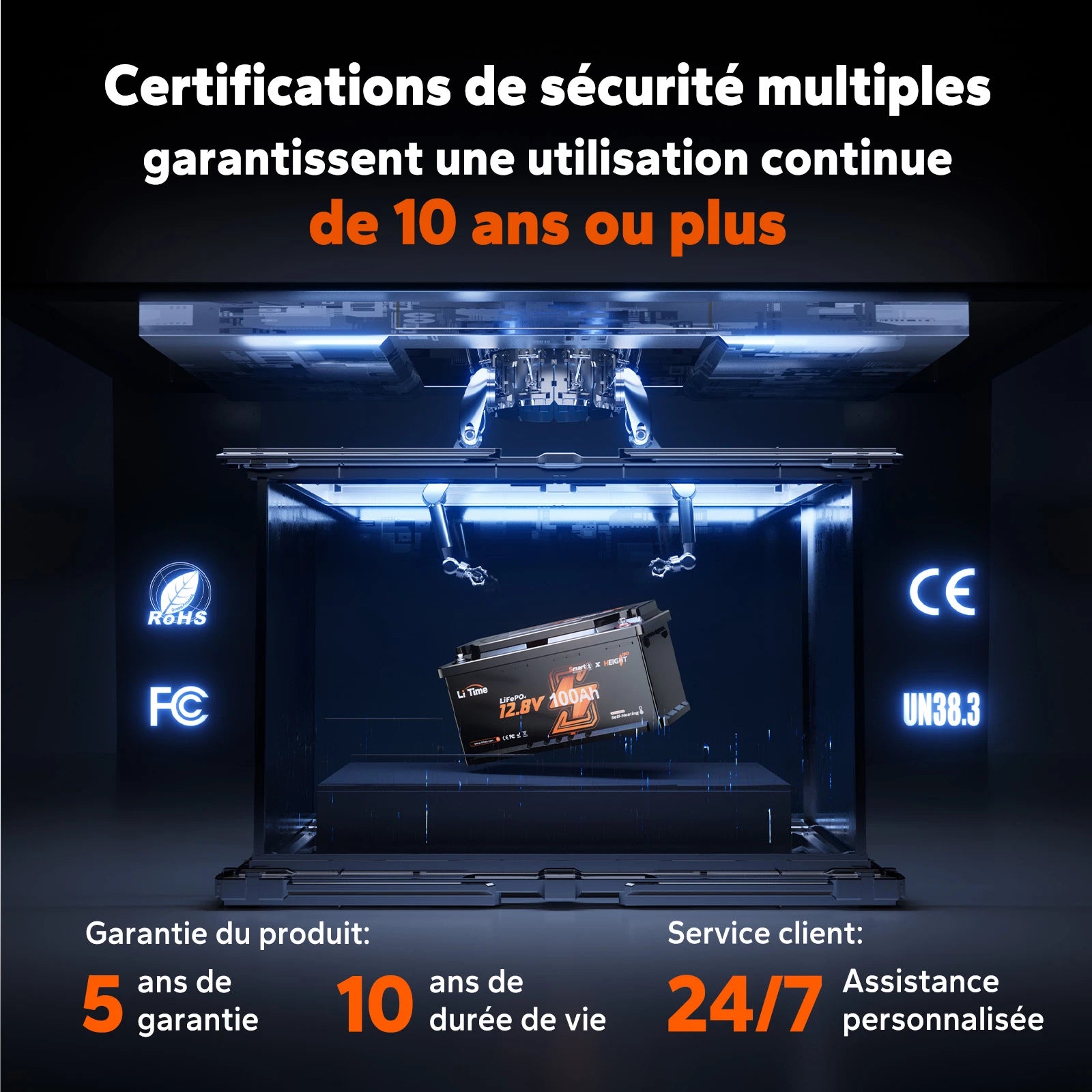 Batterie lithium LiTime 12V 100Ah certifiée CE et RoHS pour camping-car, offrant une garantie de 5 ans et une durée de vie de 10 ans