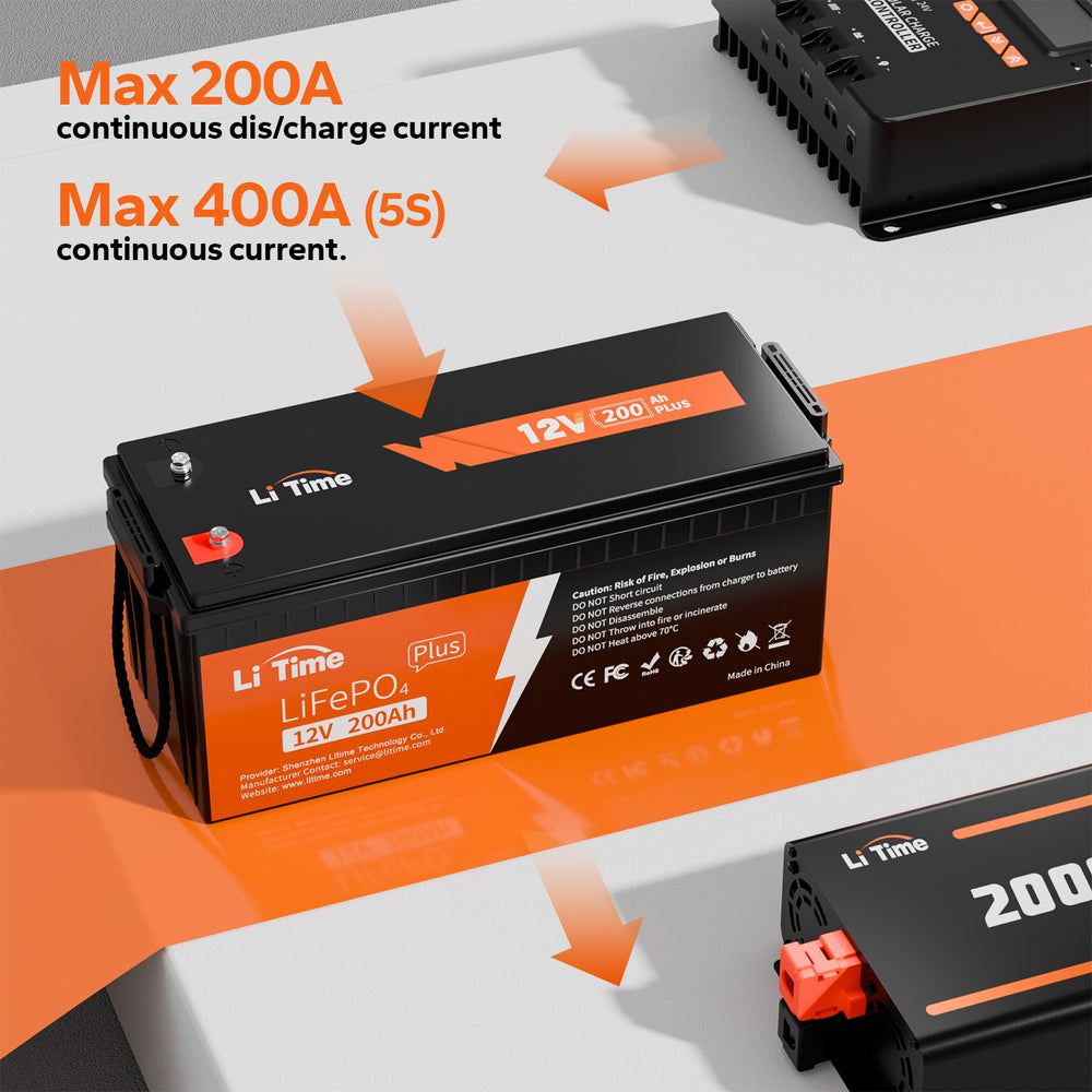 Batterie lithium LiFePO4 12V 200Ah Plus LiTime avec BMS intégré de 200A, supportant un courant de décharge continu max de 200A et 400A en pic pour convertisseur et panneaux solaires