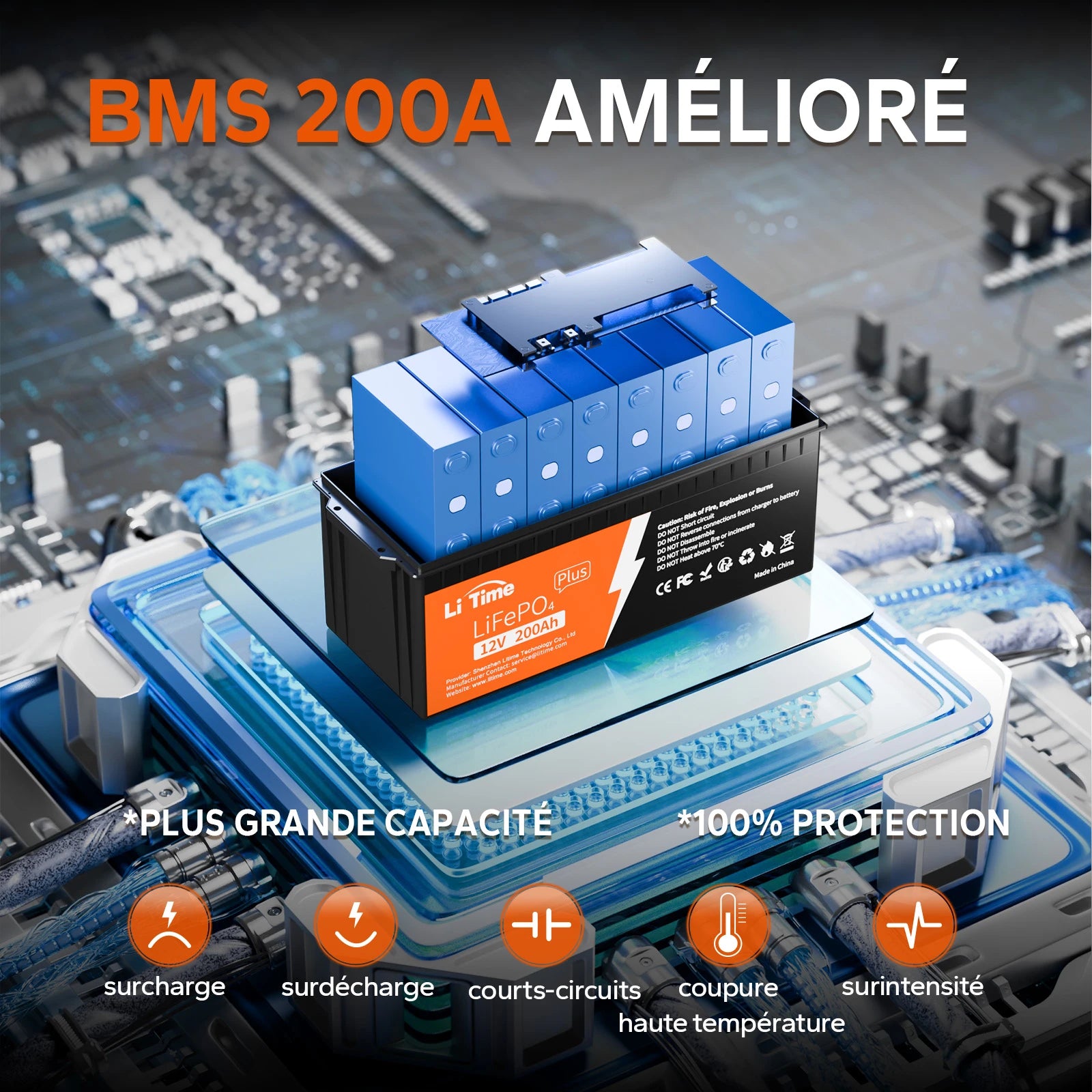 Vue éclatée de la batterie LiFePO4 12V 200Ah Plus LiTime mettant en valeur le BMS amélioré de 200A et ses protections intégrées contre la surcharge, la décharge excessive, les courts-circuits et les hautes températures.