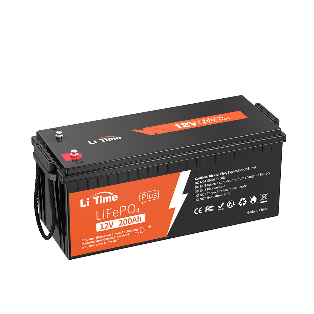 Batterie lithium LiFePO4 12V 200Ah Plus de marque LiTime, idéale pour camping-car, marine et système solaire.