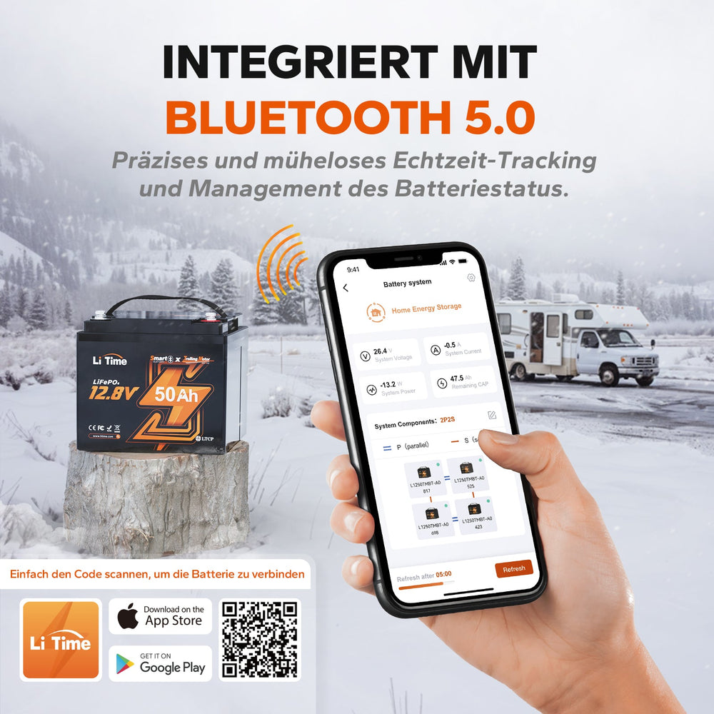 Application smartphone LiTime via Bluetooth 5.0 pour le suivi en temps réel de l'état de charge et de la tension de la batterie lithium 12V 50Ah