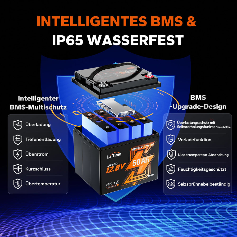 Batterie de décharge lente LiTime 12.8V 50Ah étanche IP65, résistante à l'humidité et au brouillard salin pour une utilisation marine et bateau.