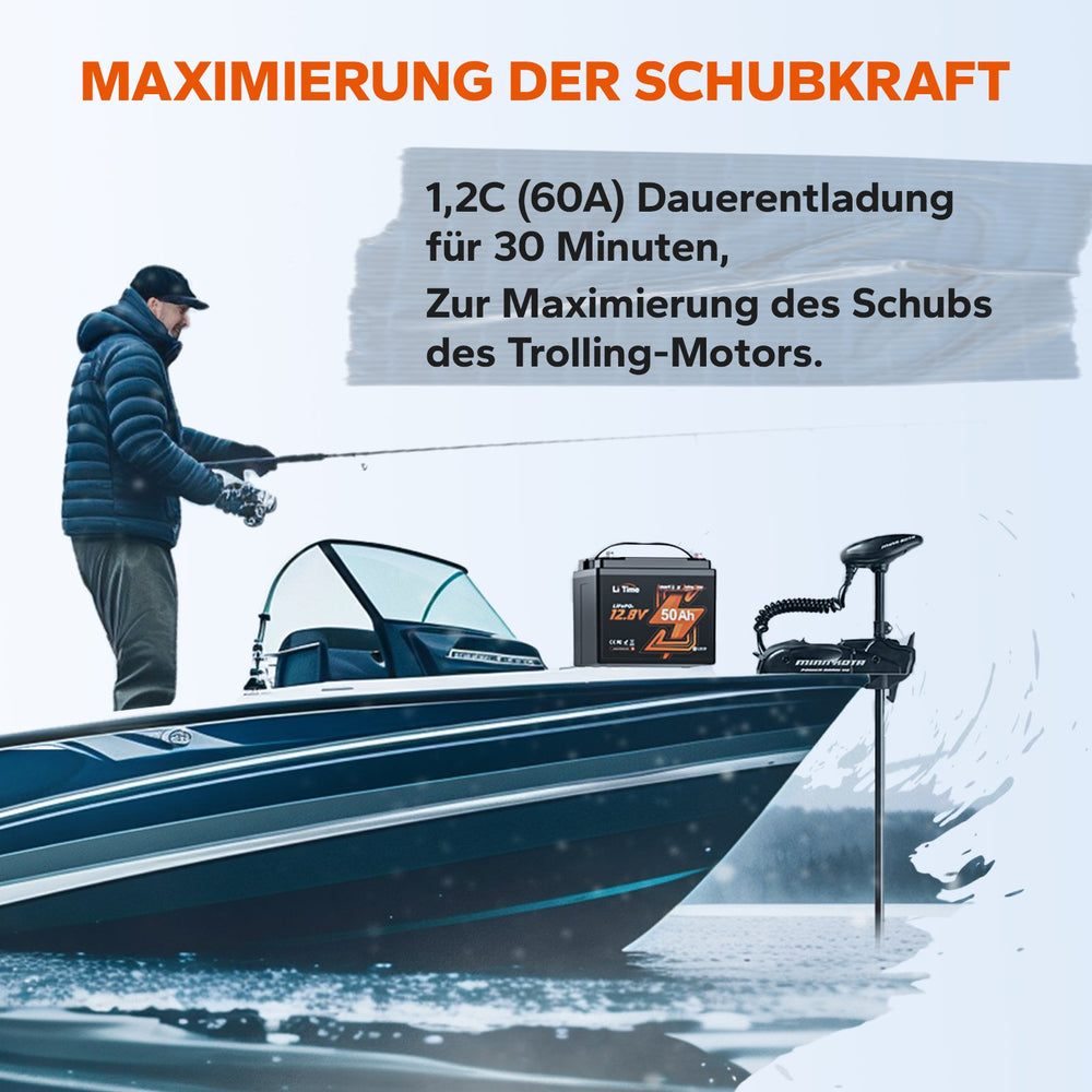 Batterie de décharge lente LiTime 12.8V 50Ah puissante pour moteur de dérive de bateau de pêche, idéale pour une puissance de traction maximale.