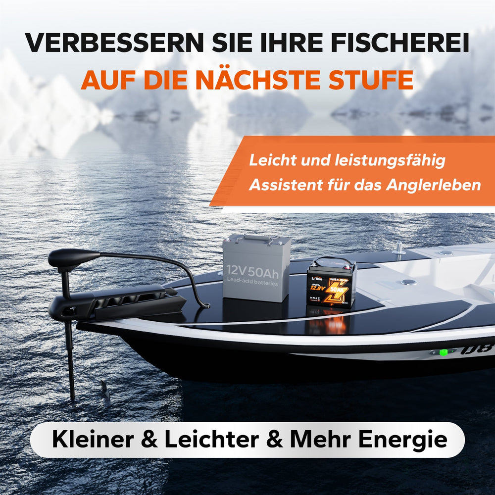 Batterie marine LiTime 12,8V 50Ah alimentant un moteur électrique de traîne sur une barque de pêche, idéale pour remplacer les batteries lourdes