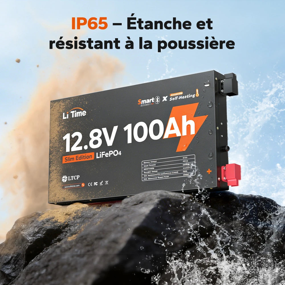 Batterie LiTime 12V 100Ah Slim Edition LiFePO4 avec protection IP65, étanche à l'eau et résistante à la poussière, idéale pour les applications extérieures