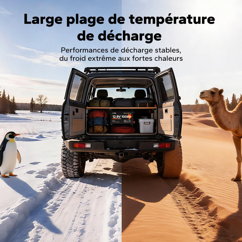 Batterie LiTime 12V 100Ah Slim Edition LiFePO4 offrant une large plage de température de décharge, garantissant des performances stables du froid extrême aux fortes chaleurs