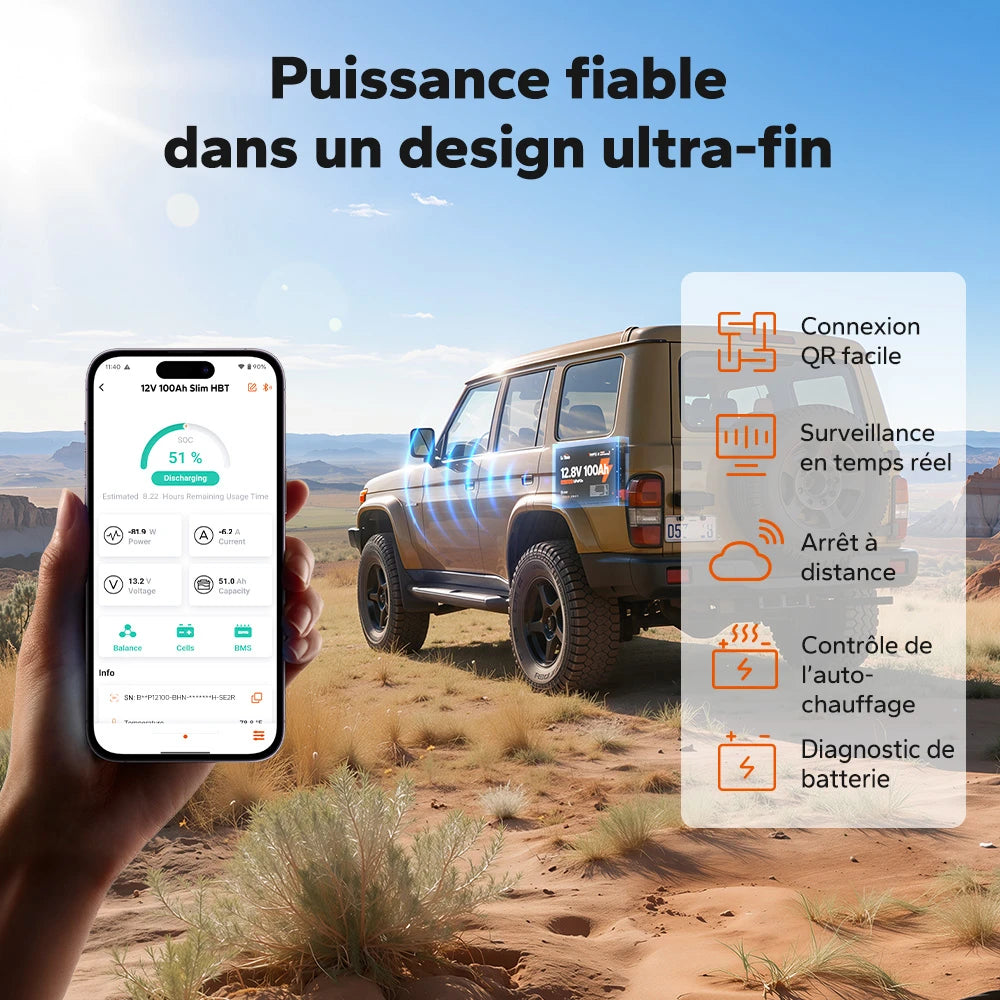 Interface de surveillance intelligente pour batterie LiTime 12V 100Ah Slim : connexion QR, monitoring en temps réel, arrêt à distance, contrôle de l'auto-chauffage et diagnostic complet via application