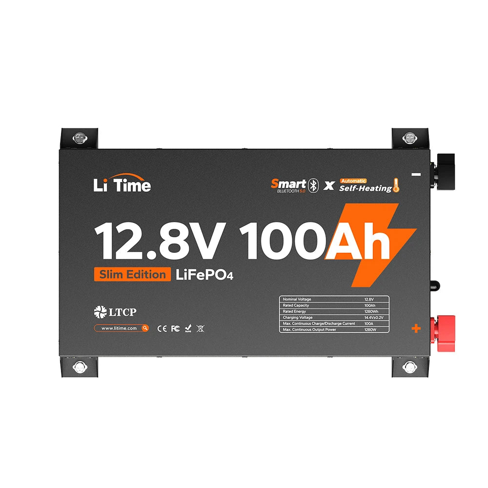 Vue détaillée de la batterie LiTime 12V 100Ah Slim Edition LiFePO4 avec Bluetooth 5.0 et auto-chauffage automatique : caractéristiques nominales 12,8V, 100Ah, 1280Wh.