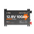 Vue détaillée de la batterie LiTime 12V 100Ah Slim Edition LiFePO4 avec Bluetooth 5.0 et auto-chauffage automatique : caractéristiques nominales 12,8V, 100Ah, 1280Wh.