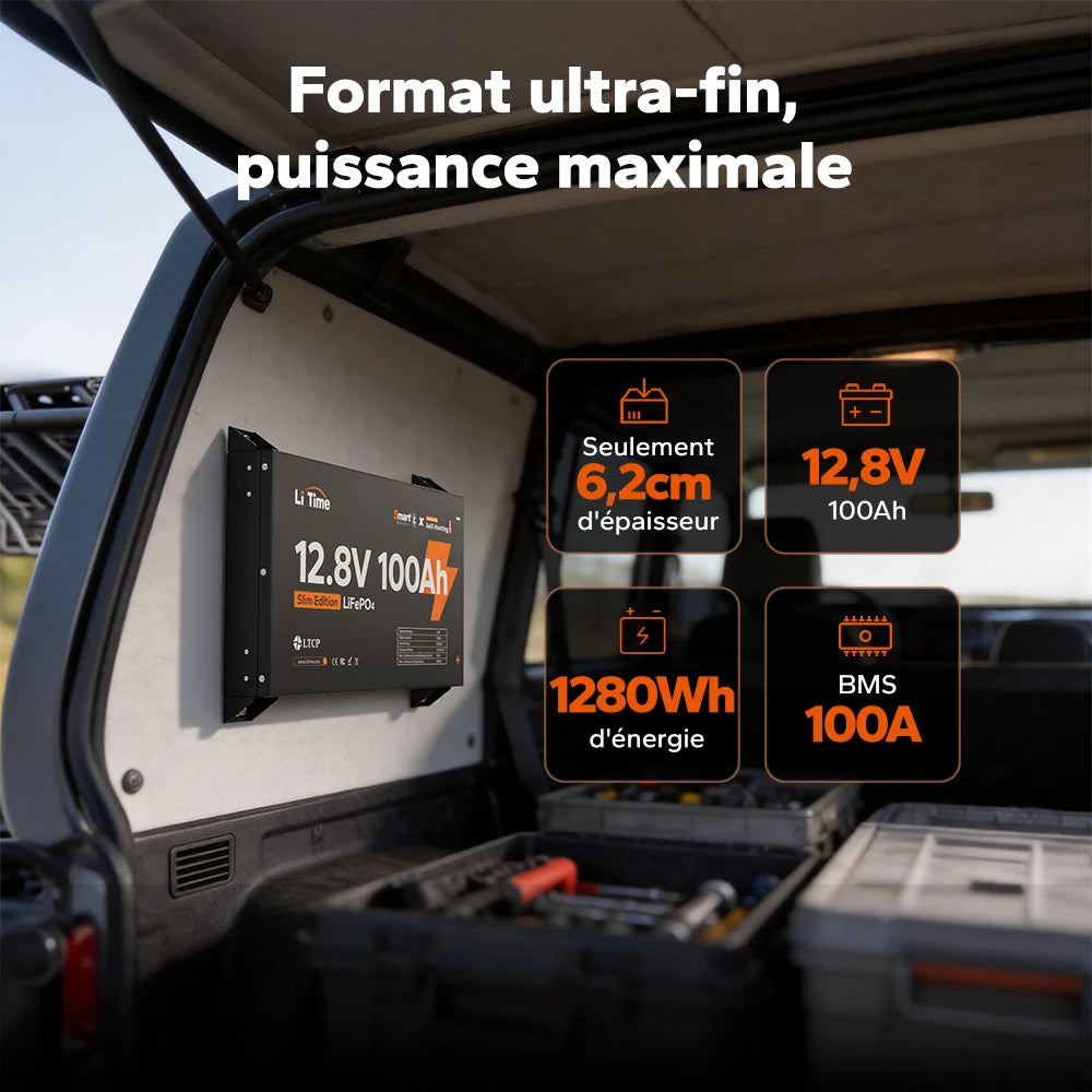 Installation peu encombrante de la batterie LiTime 12V 100Ah Ultra Slim dans un véhicule : seulement 6,2 cm d'épaisseur, 1280Wh d'énergie et BMS 100A intégré.