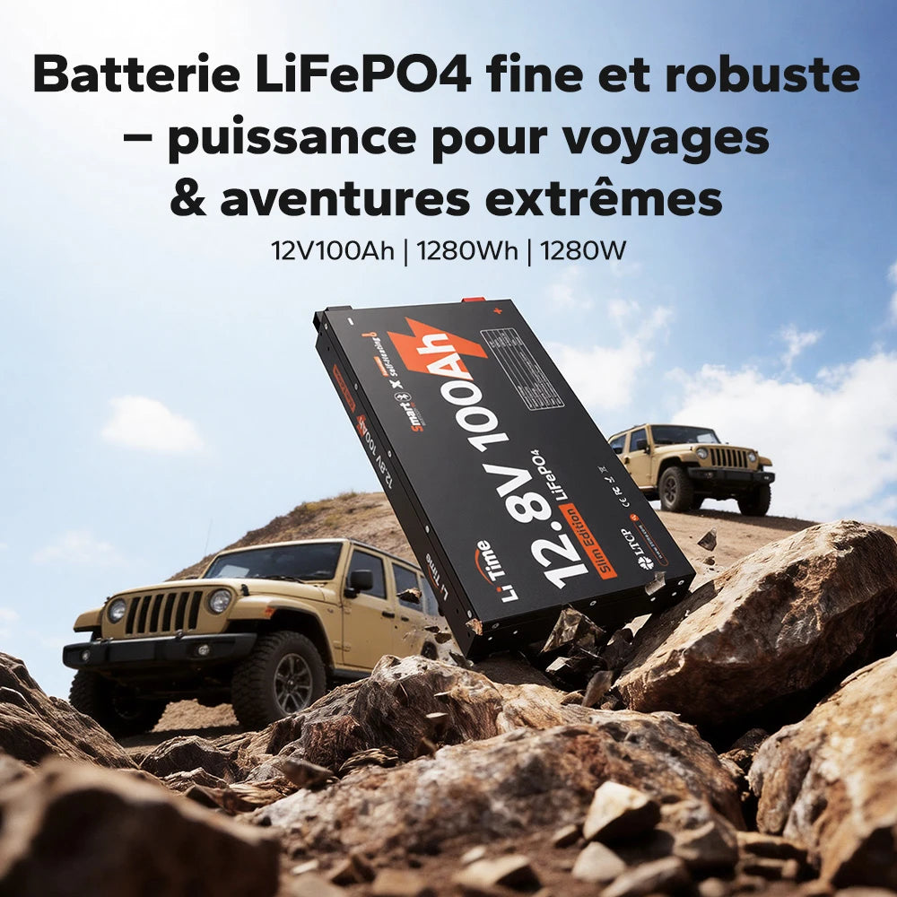 Batterie LiTime 12V 100Ah LiFePO4 fine et robuste, conçue pour les voyages et les aventures extrêmes, offrant 1280Wh de puissance fiable pour les véhicules tout-terrain.