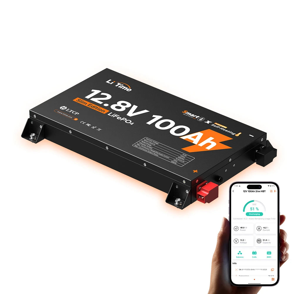 Batterie LiTime 12V 100Ah Ultra Slim Ultra-fine LiFePO4 avec Bluetooth, auto-chauffante, pour camping-car et véhicules de loisirs