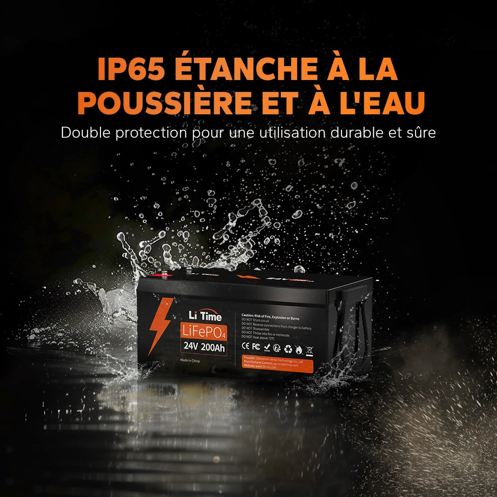 Batterie LiTime 24V 200Ah avec indice de protection IP65 : étanchéité optimale contre l'eau et la poussière pour un usage durable et sécurisé.