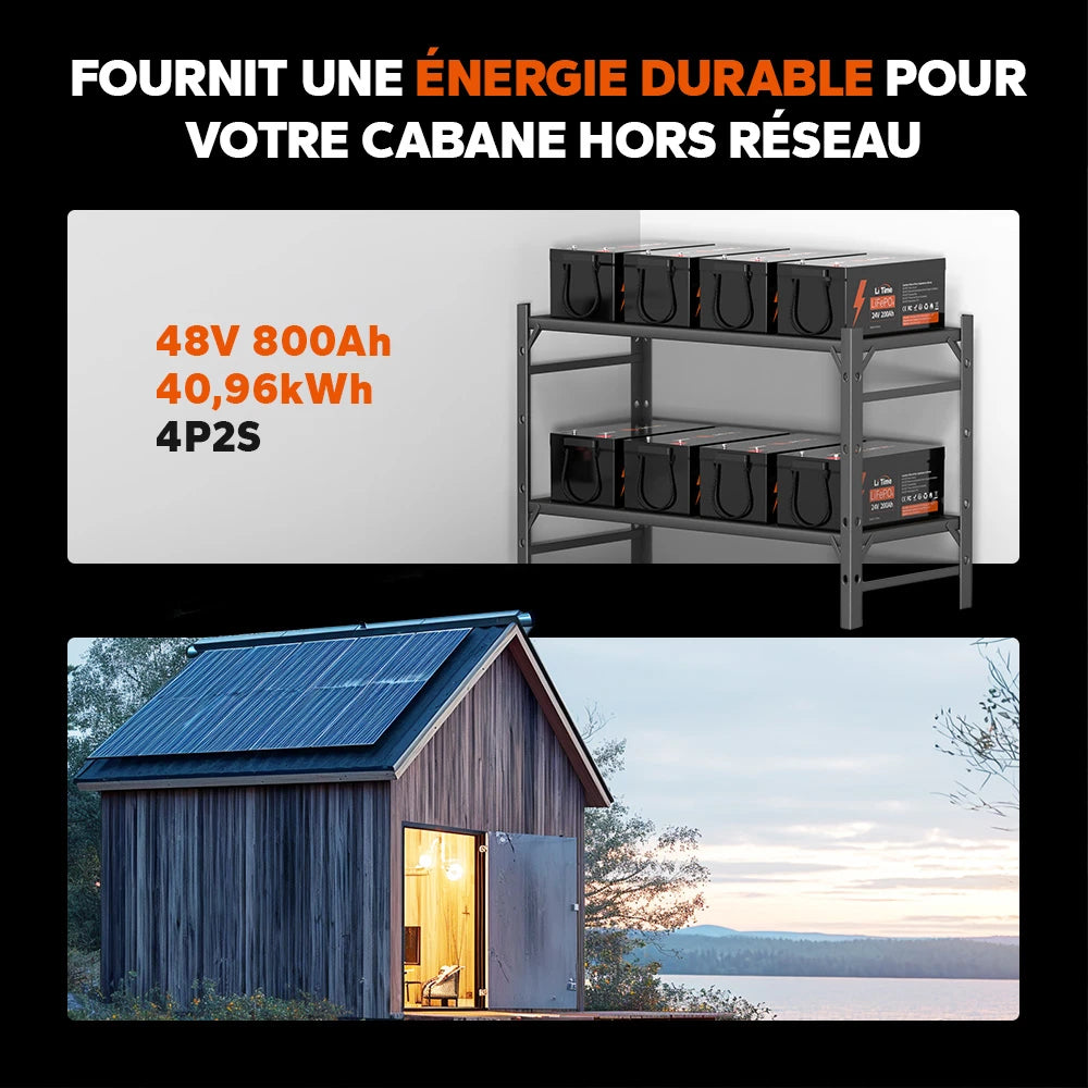 Système énergétique LiTime pour cabane hors réseau : configuration 48V 800Ah (40,96 kWh) en 4P2S pour une autonomie solaire durable.