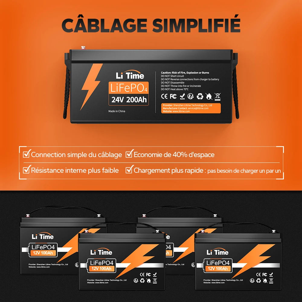 Câblage simplifié pour batterie LiTime 24V 200Ah : gain d'espace de 40%, résistance interne réduite et chargement rapide optimisé.