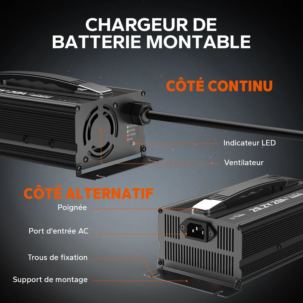 Vue détaillée des côtés alternatif et continu du chargeur LiFePO4 24V 20A montable