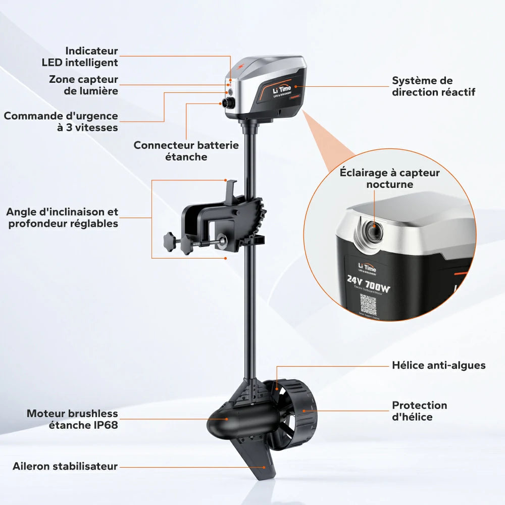 Détails techniques et fonctionnalités du moteur hors-bord LiTime Argoseeker
