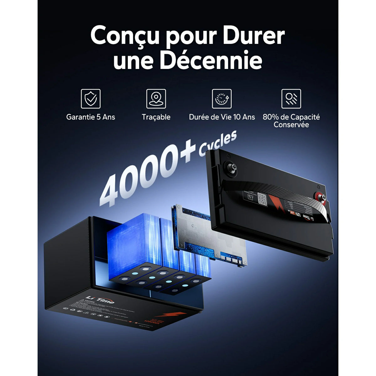 Cellules de qualité EV offrant plus de 4000 cycles et une décennie de durée de vie pour la batterie 12V 100Ah