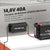 Chargeur LiTime 14.6V 40A montable, branché sur une batterie LiFePO4 avec ses spécifications techniques.