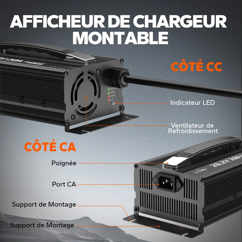 LiTime 24V 20A Chargeur de batteries au lithium pour batteries au lithium LiFePO4