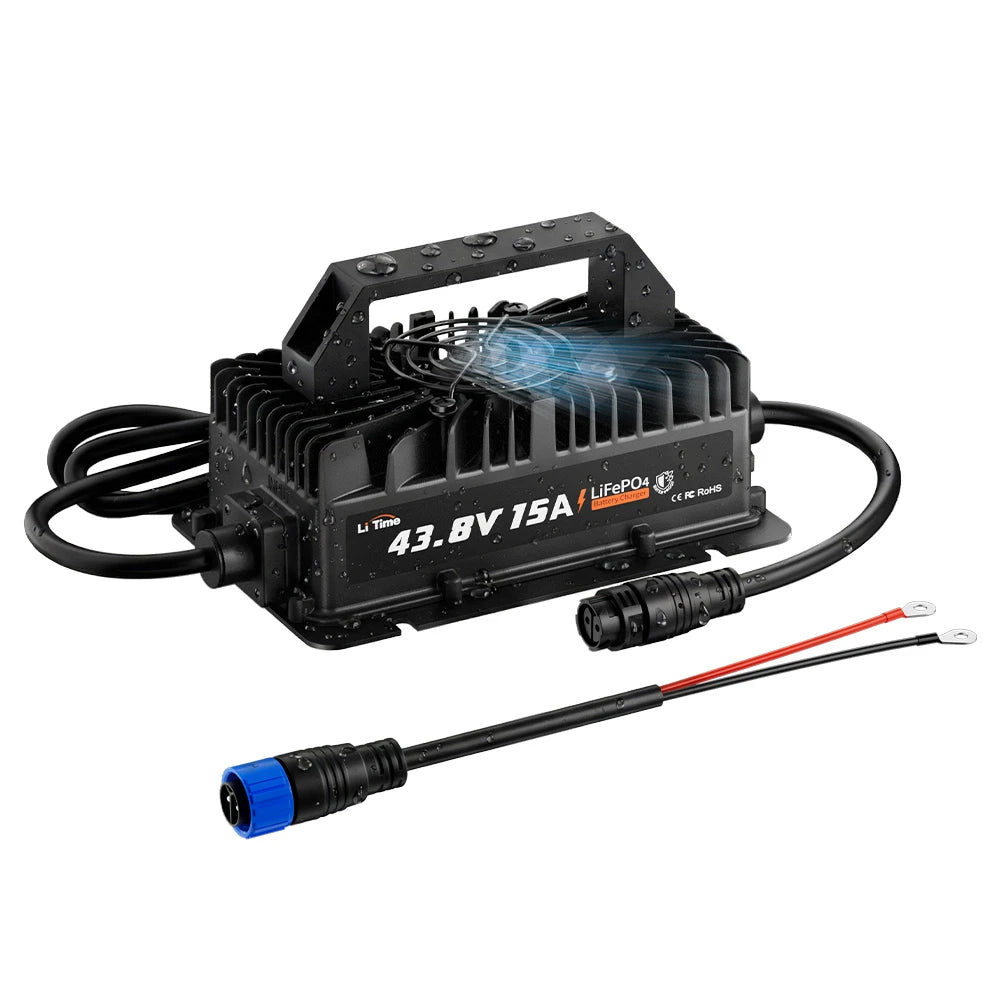 Chargeur de batterie LiFePO4 36V 15A LiTime étanche IP66 avec fonction d'activation BMS pour voiturette de golf et moteur électrique