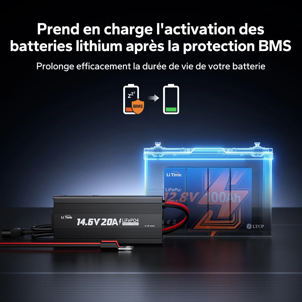 Chargeur LiTime 14.6V 20A capable d'activer les batteries lithium LiFePO4 après une protection BMS, prolongeant ainsi leur durée de vie.