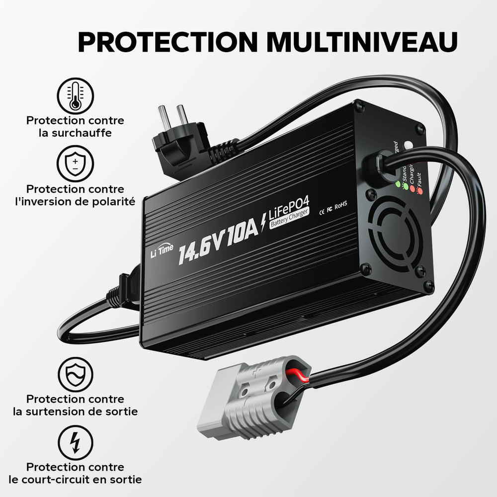 Chargeur de batterie LiFePO4 12V 10A avec protections intelligentes contre la surchauffe, l'inversion de polarité et les courts-circuits