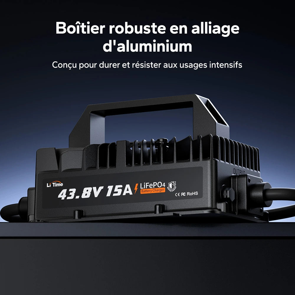 Conception durable : chargeur LiFePO4 avec boîtier en alliage d'aluminium haute résistance.