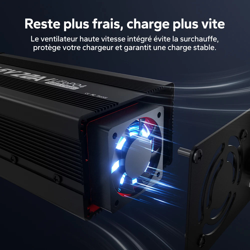 Chargeur LiTime avec ventilateur haute vitesse intégré pour une dissipation thermique efficace, évitant la surchauffe et garantissant une charge stable
