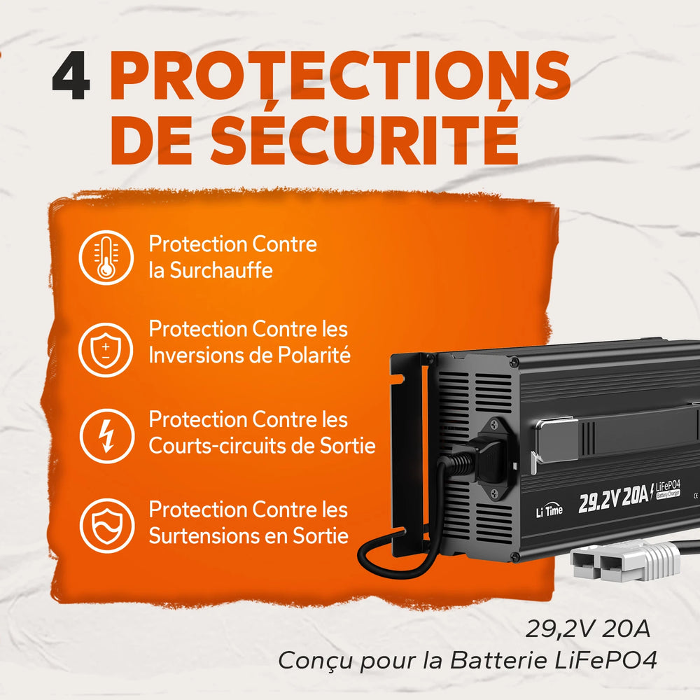 LiTime 24V 20A Chargeur de batteries au lithium pour batteries au lithium LiFePO4