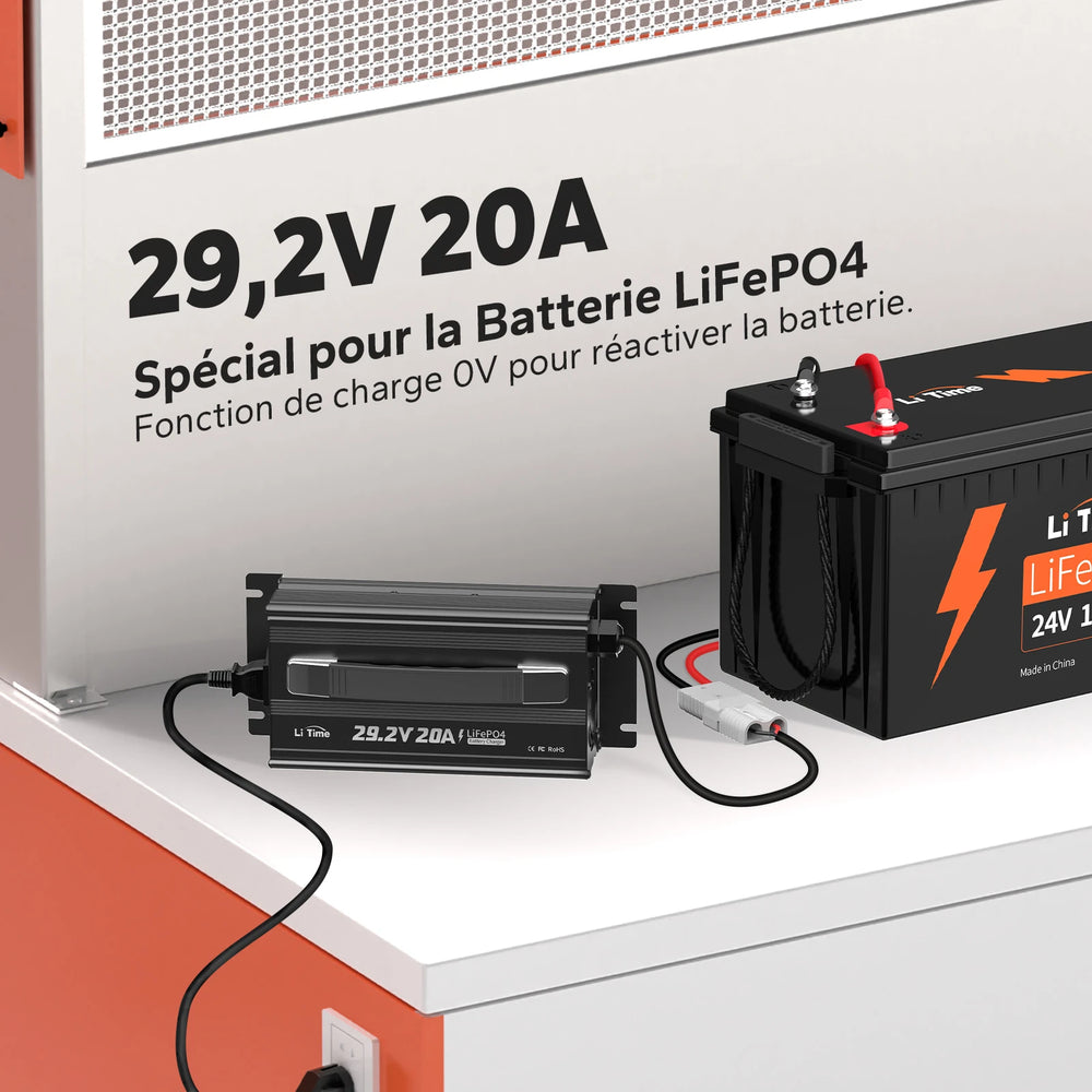 LiTime 24V 20A Chargeur de batteries au lithium pour batteries au lithium LiFePO4