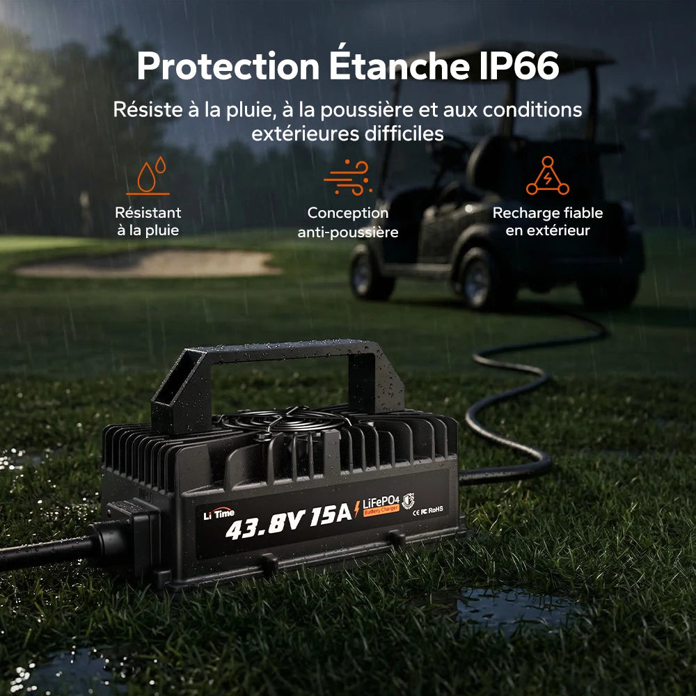Protection étanche IP66 du chargeur LiTime 36V 15A, résistant à la poussière et aux conditions climatiques difficiles.