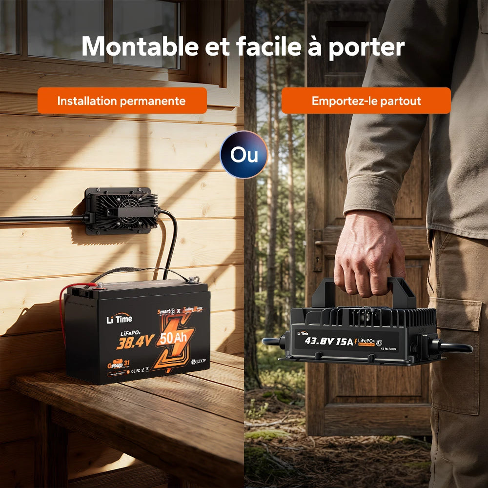 Installation flexible du chargeur LiFePO4 36V 15A LiTime : montage fixe ou utilisation portable selon vos besoins