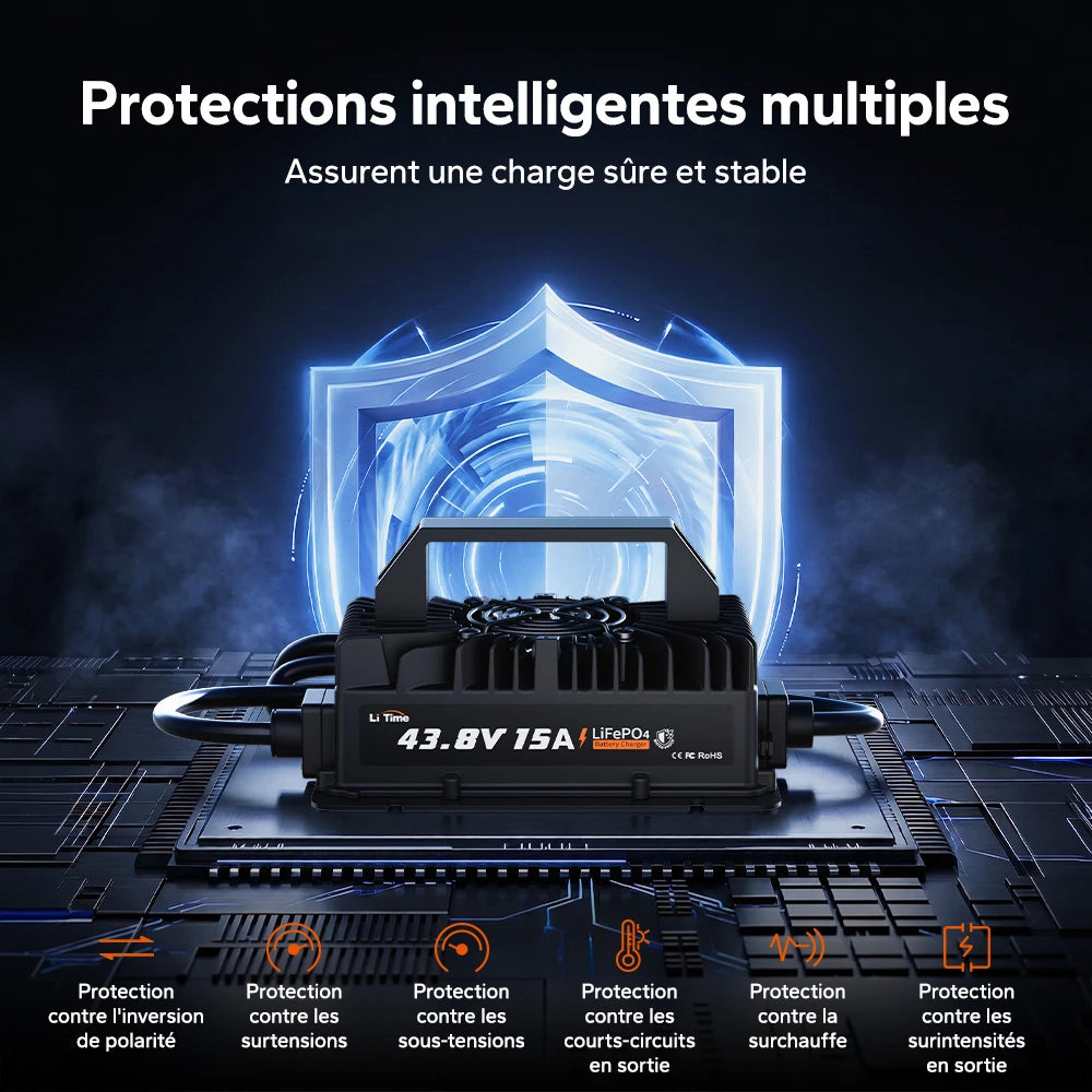 Chargeur LiFePO4 36V 15A LiTime avec protections intelligentes : court-circuit, surtension, sous-tension, surchauffe, surintensité et inversion de polarité